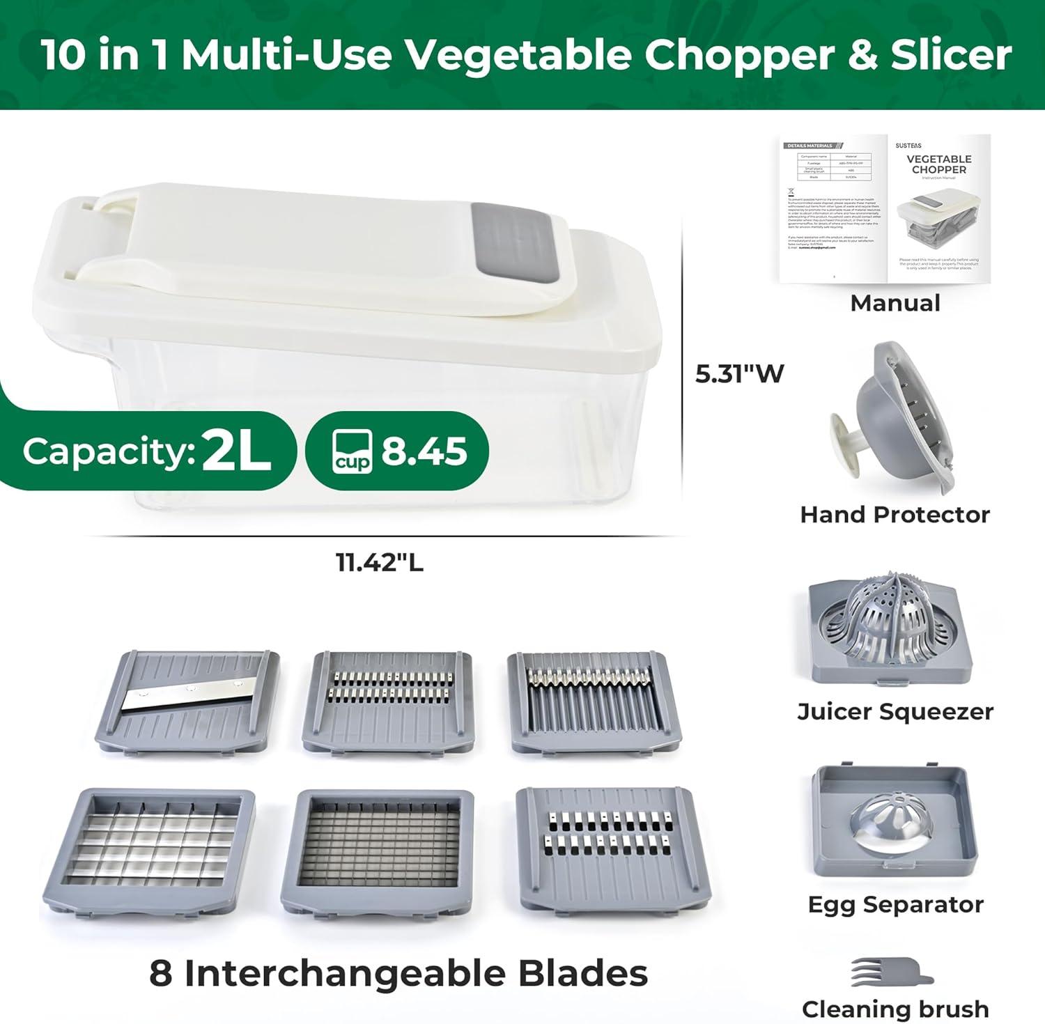 image:imageSUSTEAS Vegetable Chopper Mandoline Slicer6 Blade Pro Food Chopper Onion Potato Dicer Veggie Cutter for Salad Carrot Cucumber Home Kitchen Gadgets Accessories Essentials10 in 1 Grayish White