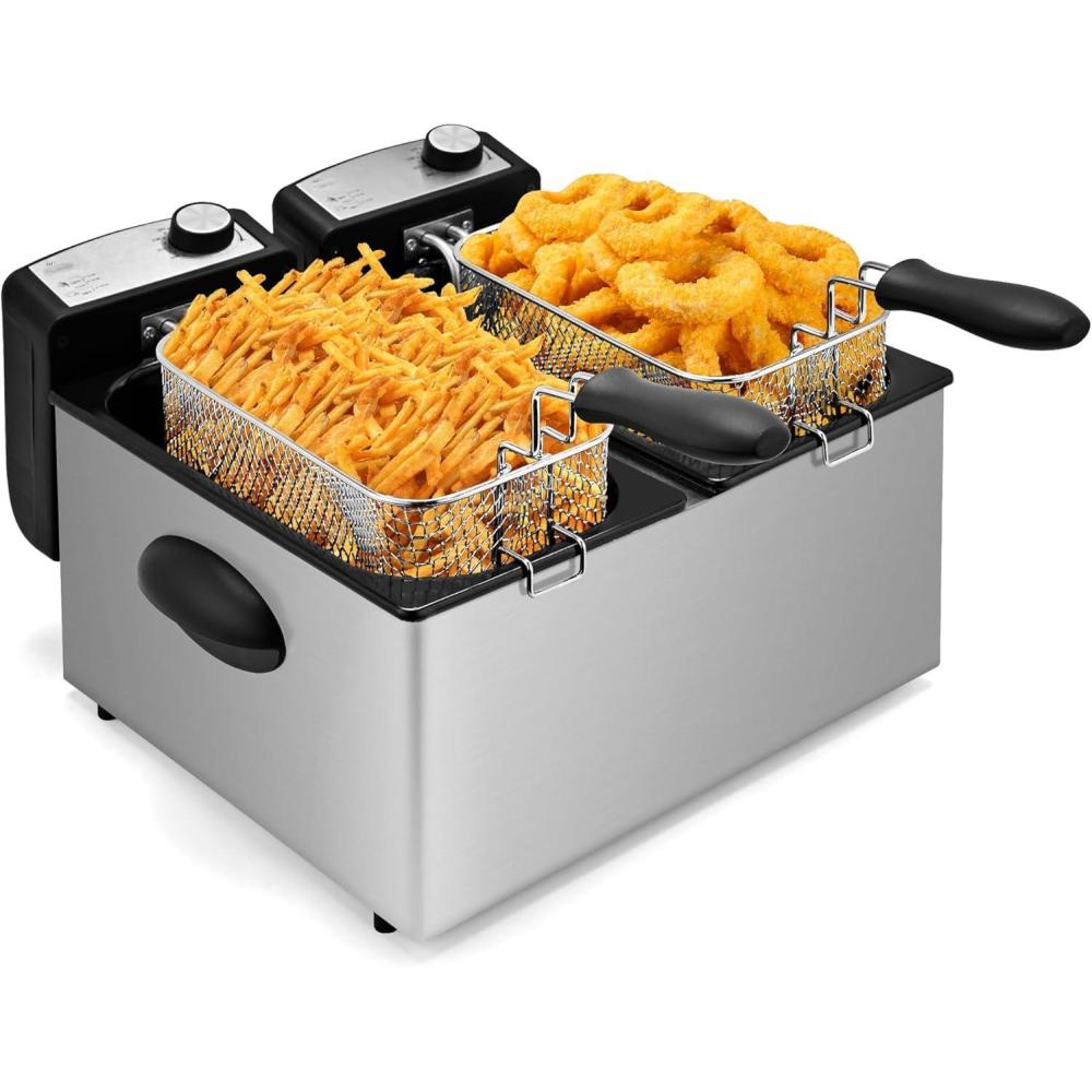 image:imageSUSTEAS Deep Fryer 2 Baskets Electric Oil Fryer with 54QT6L3000W Timer Control Adjustable Temperature Lid with Viewing Window and Odor Free Filter Stainless Steel Perfect for Kitchen Fry Fish60L