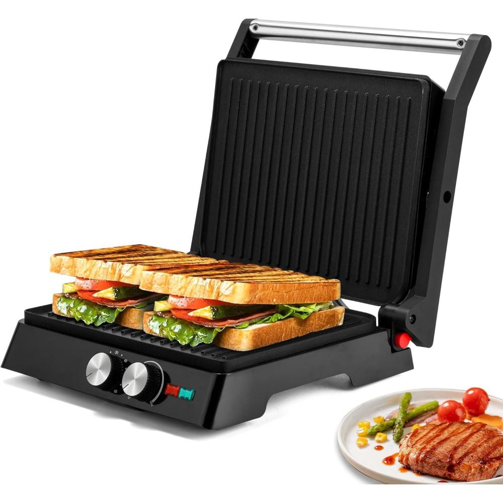 image:imageSUSTEAS Panini Press Sandwich Maker and Electric Indoor Grill with Temperature Time Setting Easy Clean Nonstick Grids Opens 180105 to Fit Any Type or Size of Food 1400W BBQ Black1400W