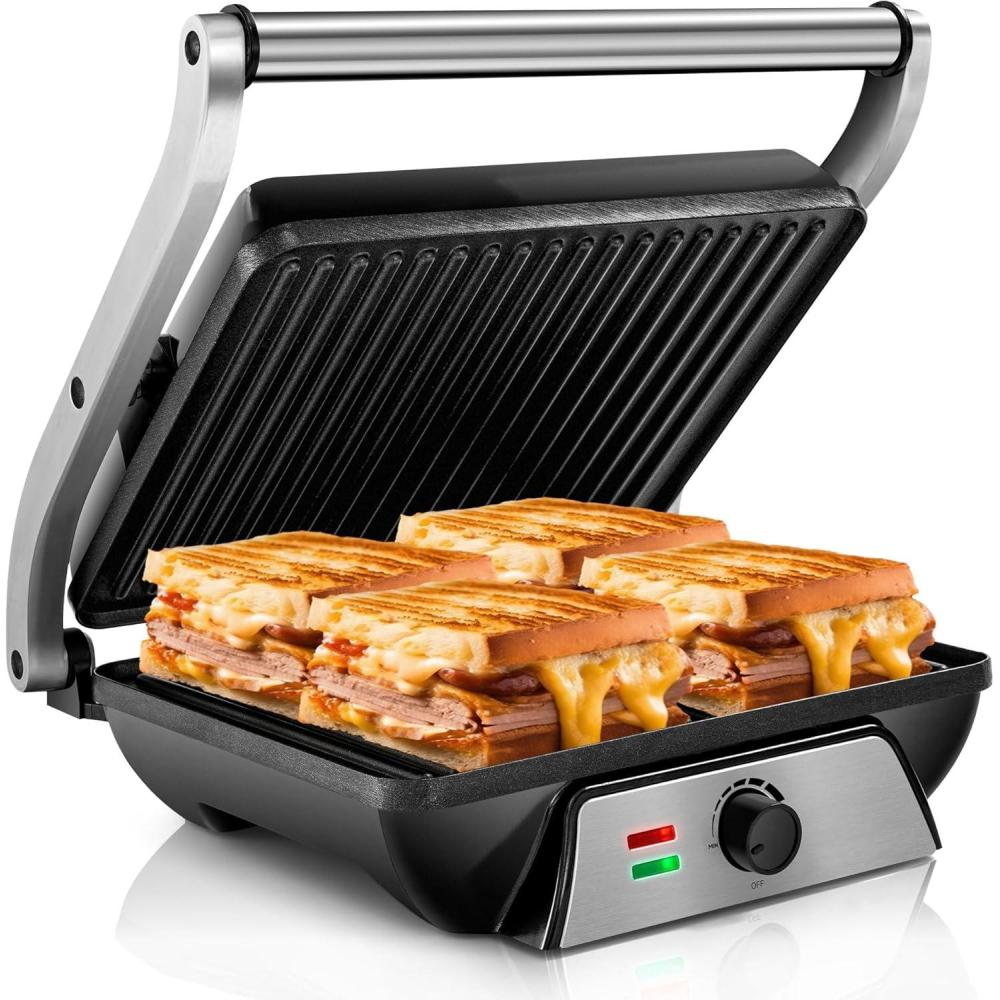 image:imageSUSTEAS Panini Press Sandwich Maker and Electric Indoor Grill with Temperature Time Setting Easy Clean Nonstick Grids Opens 180105 to Fit Any Type or Size of Food 1400W BBQ Black1500W