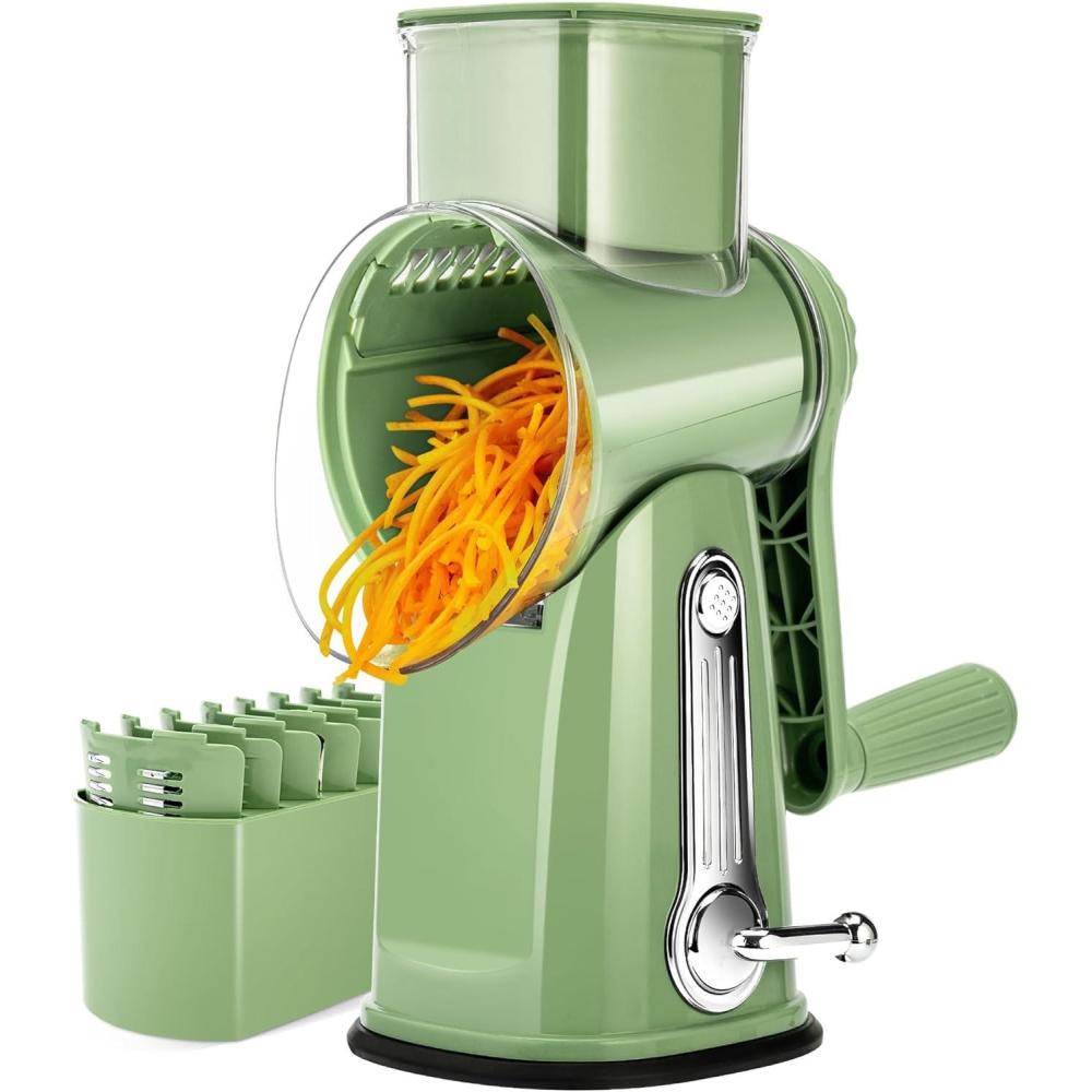 image:imageSUSTEAS Rotary Cheese Grater with Handle Vegetable Shredder with 5 Welldesigned Blades amp Strong Suction BaseRound Mandoline Slicer amp Food Chopper for Kitchenwith Blade Storage BoxRetro GreenGreen