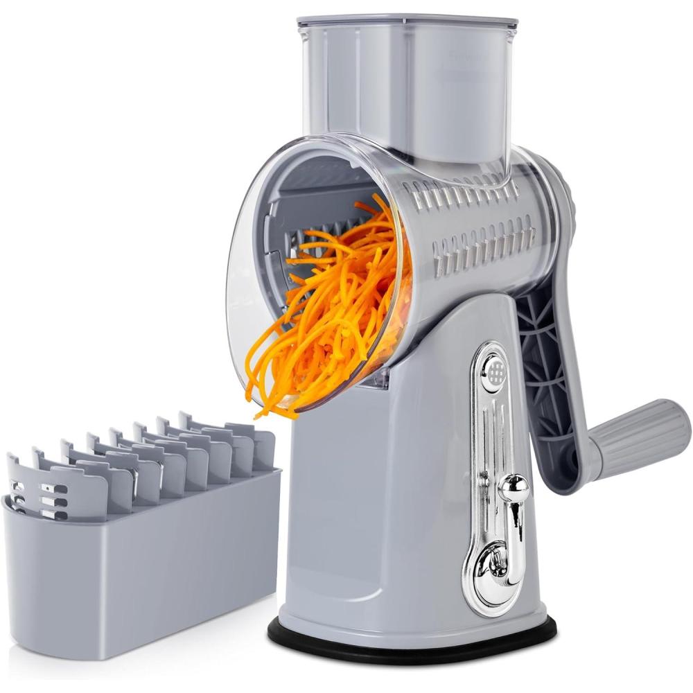 image:imageSUSTEAS Rotary Cheese Grater with Handle Vegetable Shredder with 5 Welldesigned Blades amp Strong Suction BaseRound Mandoline Slicer amp Food Chopper for Kitchenwith Blade Storage BoxRetro GreenGray