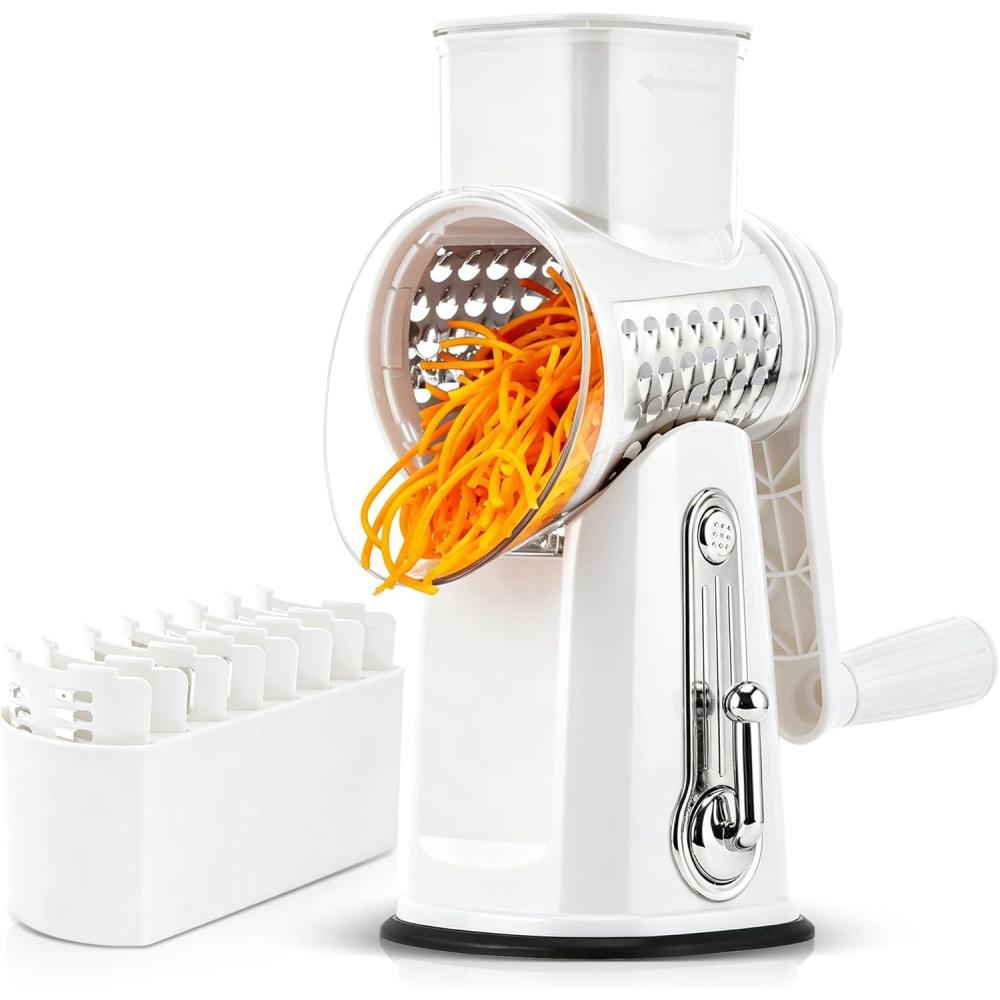 image:imageSUSTEAS Rotary Cheese Grater with Handle Vegetable Shredder with 5 Welldesigned Blades amp Strong Suction BaseRound Mandoline Slicer amp Food Chopper for Kitchenwith Blade Storage BoxRetro GreenWhite