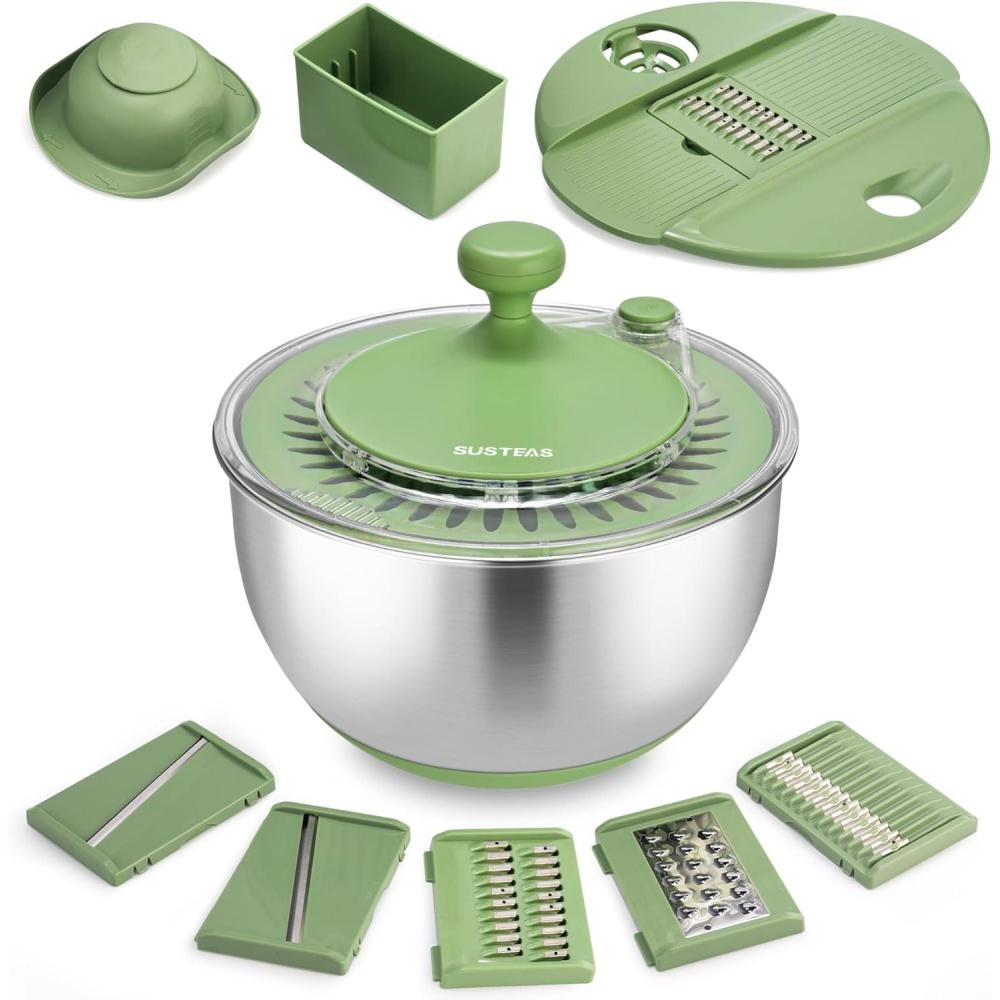 image:imageSUSTEAS Stainless Steel Salad Spinner Large Vegetables Wash Bowl Fruits amp Herb Lettuce Dryer with 5 Blade Slicer Egg Yolk Strainer Shredder for Efficient Salad Preparation and Food Washing 425QtStainless Steel Salad Spinner with Slicer
