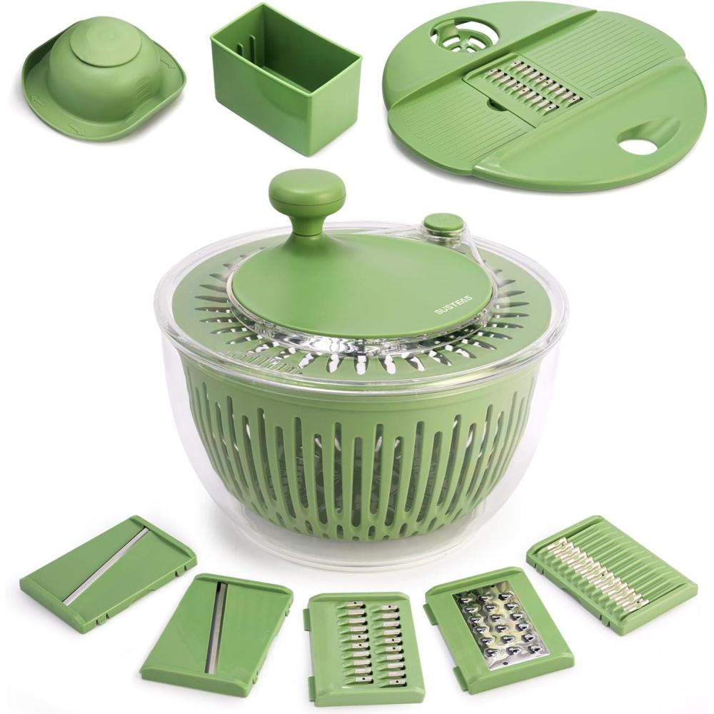 image:imageSUSTEAS Stainless Steel Salad Spinner Large Vegetables Wash Bowl Fruits amp Herb Lettuce Dryer with 5 Blade Slicer Egg Yolk Strainer Shredder for Efficient Salad Preparation and Food Washing 425QtSalad Spinner with Slicer