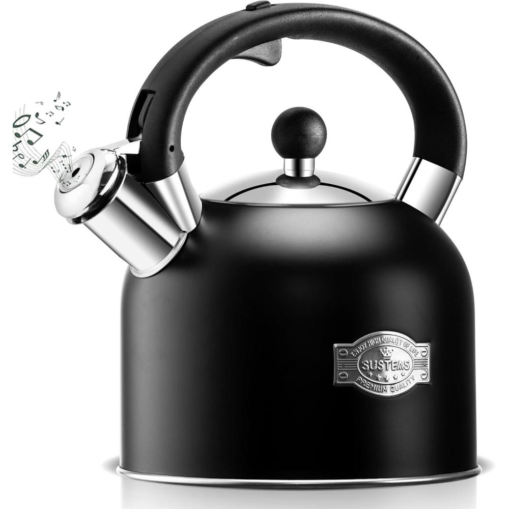image:imageSUSTEAS Tea Kettle 317QT Whistling Kettle with Ergonomic Handle Premium Stainless Steel Tea Pots for Stove Top Chic Vintage Teapot with Composite Base Work for All Stovetops BlackBlack