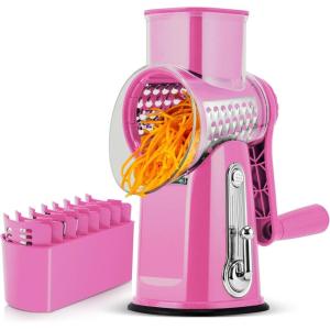 image:imageSUSTEAS Rotary Cheese Grater with Handle  Vegetable Shredder with 5 Welldesigned Blades amp Strong Suction BaseRound Mandoline Slicer amp Food Chopper for Kitchenwith Blade Storage BoxRetro GreenPink