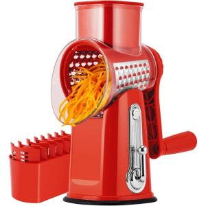 image:imageSUSTEAS Rotary Cheese Grater with Handle  Vegetable Shredder with 5 Welldesigned Blades amp Strong Suction BaseRound Mandoline Slicer amp Food Chopper for Kitchenwith Blade Storage BoxRetro GreenRed