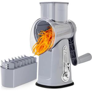 image:imageSUSTEAS Rotary Cheese Grater with Handle  Vegetable Shredder with 5 Welldesigned Blades amp Strong Suction BaseRound Mandoline Slicer amp Food Chopper for Kitchenwith Blade Storage BoxRetro GreenGray