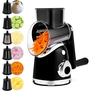 image:imageSUSTEAS Rotary Cheese Grater with HandleVegetable Slicer with 6 Interchangeable Blades Reinforced SuctionEasy to CleanKitchen Shredder for Crushed IceFruits and Nuts with Blade Storage CaseBlackBlack