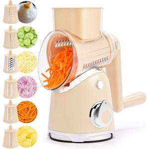 image:imageSUSTEAS Rotary Cheese Grater with HandleVegetable Slicer with 6 Interchangeable Blades Reinforced SuctionEasy to CleanKitchen Shredder for Crushed IceFruits and Nuts with Blade Storage CaseBlackBeige