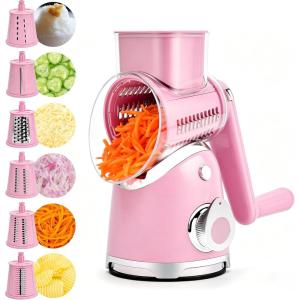 image:imageSUSTEAS Rotary Cheese Grater with HandleVegetable Slicer with 6 Interchangeable Blades Reinforced SuctionEasy to CleanKitchen Shredder for Crushed IceFruits and Nuts with Blade Storage CaseWhitePink