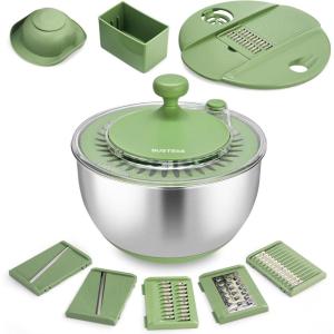 image:imageSUSTEAS Stainless Steel Salad Spinner Large Vegetables Wash Bowl Fruits amp Herb Lettuce Dryer with 5 Blade Slicer Egg Yolk Strainer Shredder for Efficient Salad Preparation and Food Washing 425QtStainless Steel Salad Spinner with Slicer
