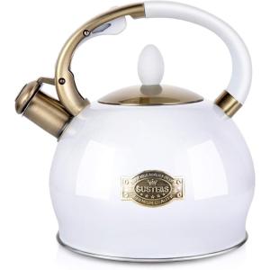 image:imageSUSTEAS Stove Top Whistling Tea Kettle  Food Grade Stainless Steel Teakettle Teapot with Cool Touch Ergonomic Handle With 1 Silicone Pinch Mitt Included 264 QuartBLACKWhite