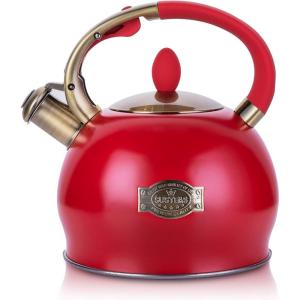 image:imageSUSTEAS Stove Top Whistling Tea Kettle  Food Grade Stainless Steel Teakettle Teapot with Cool Touch Ergonomic Handle With 1 Silicone Pinch Mitt Included 264 QuartBLACKRed