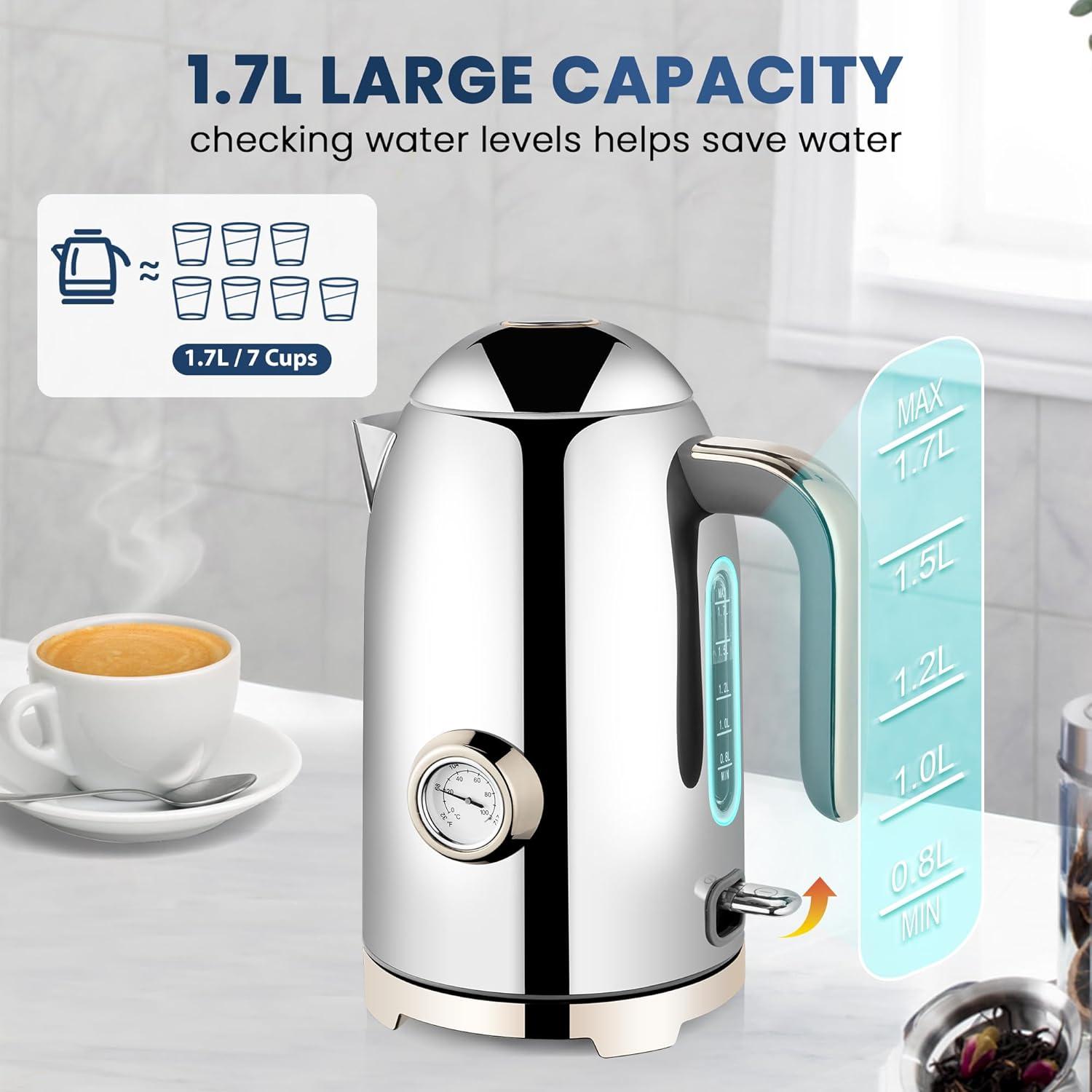 image:imageSUSTEAS Electric Kettle 57oz Hot Tea Water Boiler with Thermometer 1500W Fast Heating Stainless Steel Pot Cordless LED Indicator Auto ShutOff amp Boil Dry Protection Silver