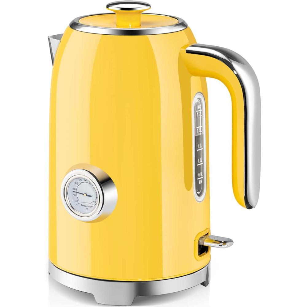 image:imageSUSTEAS Electric Kettle 57oz Hot Tea Kettle Water Boiler with Thermometer 1500W Fast Heating Stainless Steel Tea Pot Cordless with LED Indicator Auto ShutOff amp Boil Dry Protection BeigeRetro Yellow