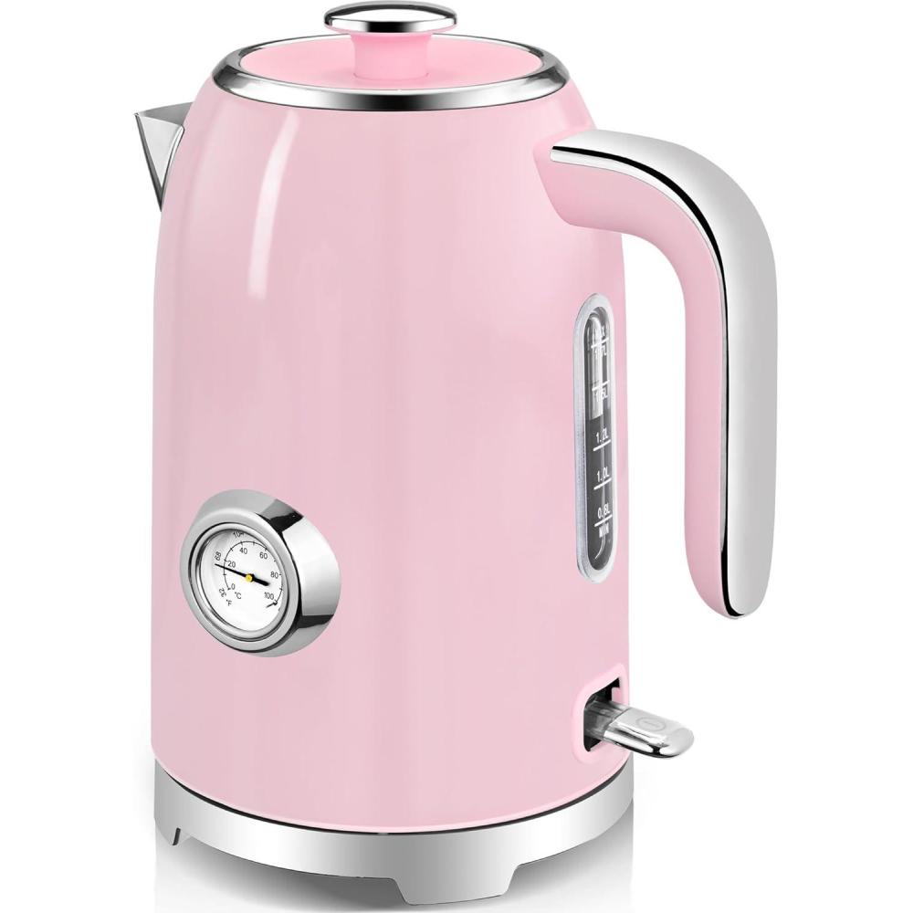 image:imageSUSTEAS Electric Kettle 57oz Hot Tea Kettle Water Boiler with Thermometer 1500W Fast Heating Stainless Steel Tea Pot Cordless with LED Indicator Auto ShutOff amp Boil Dry Protection BeigePink