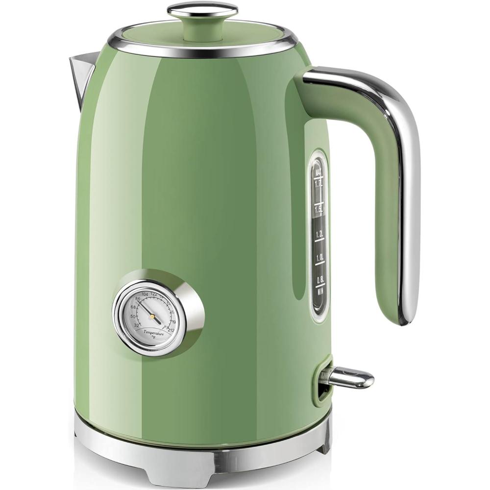 image:imageSUSTEAS Electric Kettle 57oz Hot Tea Kettle Water Boiler with Thermometer 1500W Fast Heating Stainless Steel Tea Pot Cordless with LED Indicator Auto ShutOff amp Boil Dry Protection BeigeRetro Green