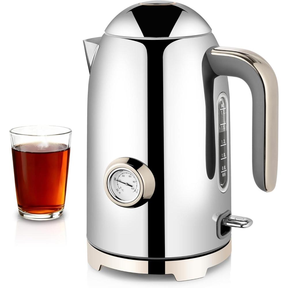 image:imageSUSTEAS Electric Kettle 57oz Hot Tea Kettle Water Boiler with Thermometer 1500W Fast Heating Stainless Steel Tea Pot Cordless with LED Indicator Auto ShutOff amp Boil Dry Protection BeigeGlossy Silver